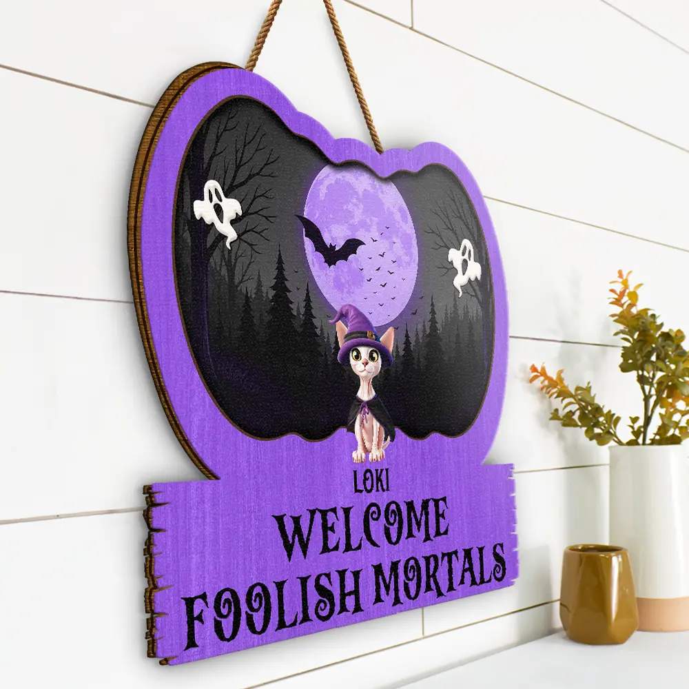 Halloween Pet Welcome Foolish Mortals - Personalized Custom Shaped Wood Sign - Image 2