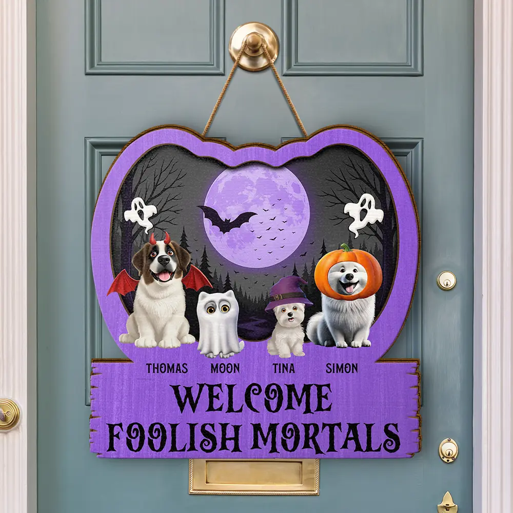 Halloween Pet Welcome Foolish Mortals - Personalized Custom Shaped Wood Sign - Image 3