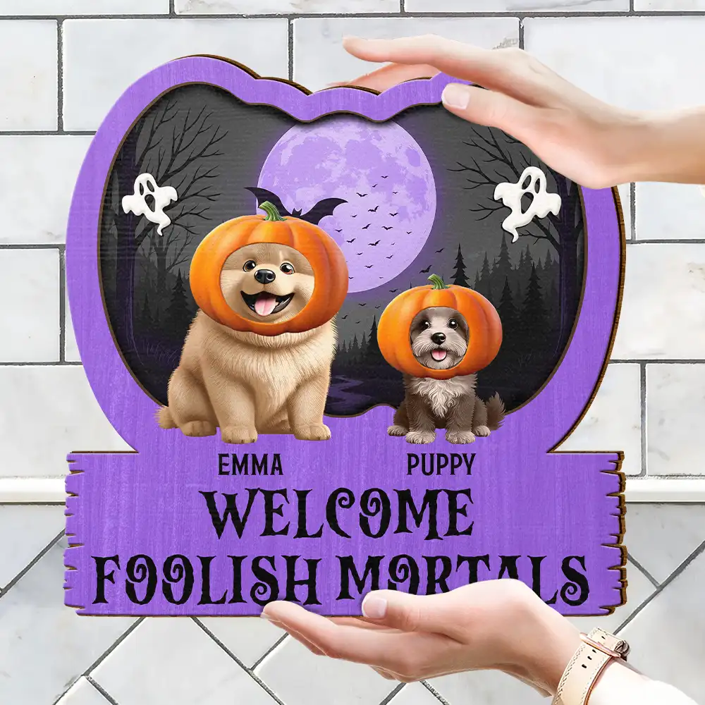 Halloween Pet Welcome Foolish Mortals - Personalized Custom Shaped Wood Sign - Image 4