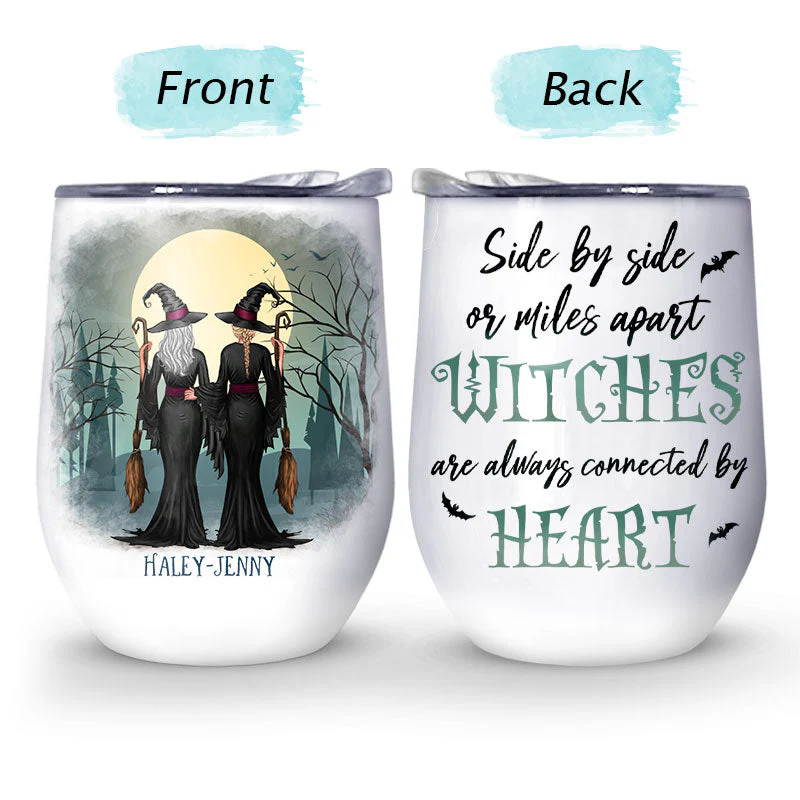 Halloween Witch Best Friend Connected By Heart - Bestie Gift - Personalized Custom Wine Tumbler - Image 4