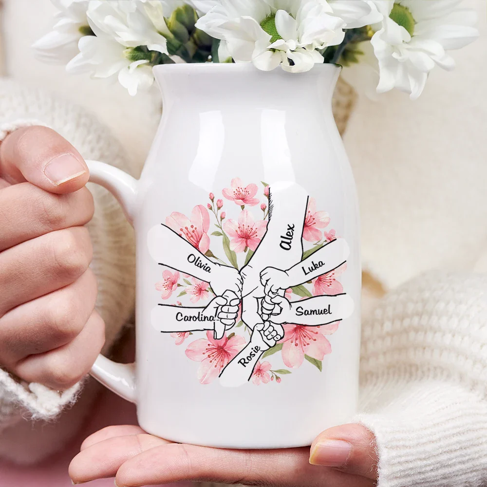 Hand In Hand Birth Flower Grandma Mom - Personalized Ceramic Flower Vase - Image 3
