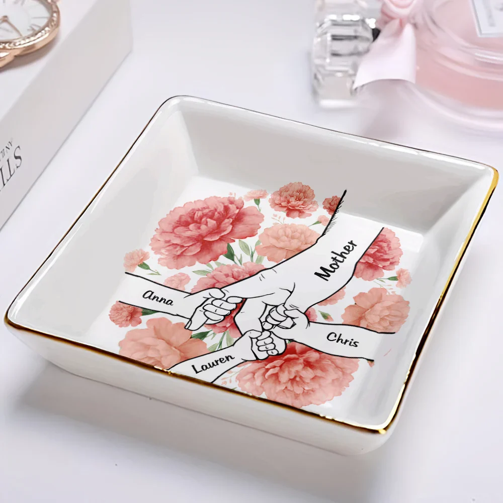Hand In Hand Birth Flower Grandma Mom - Personalized Ring Dish - Image 2