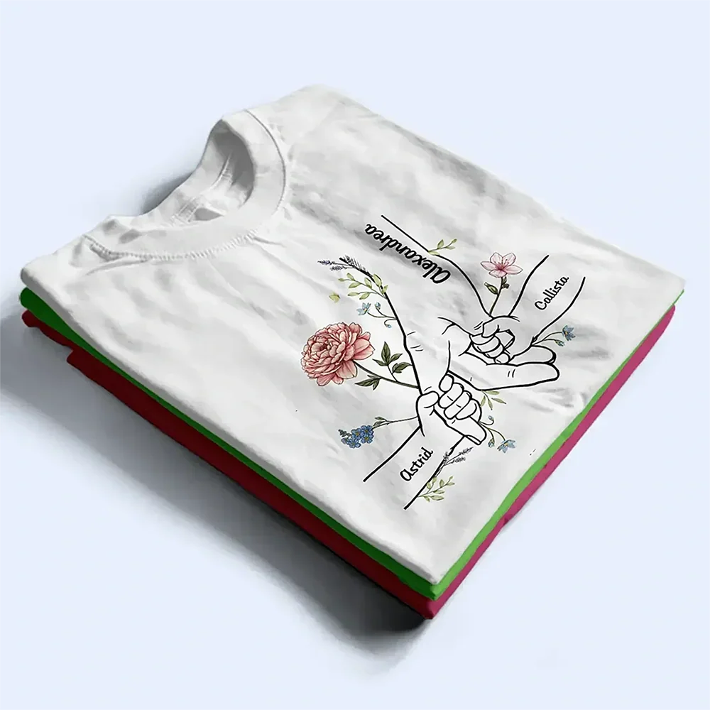 Hand In Hand Birth Flower Mom Kid Nana Grandkid - Personalized T Shirt - Image 2