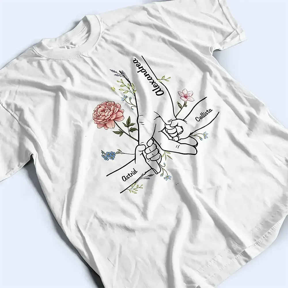 Hand In Hand Birth Flower Mom Kid Nana Grandkid - Personalized T Shirt - Image 3