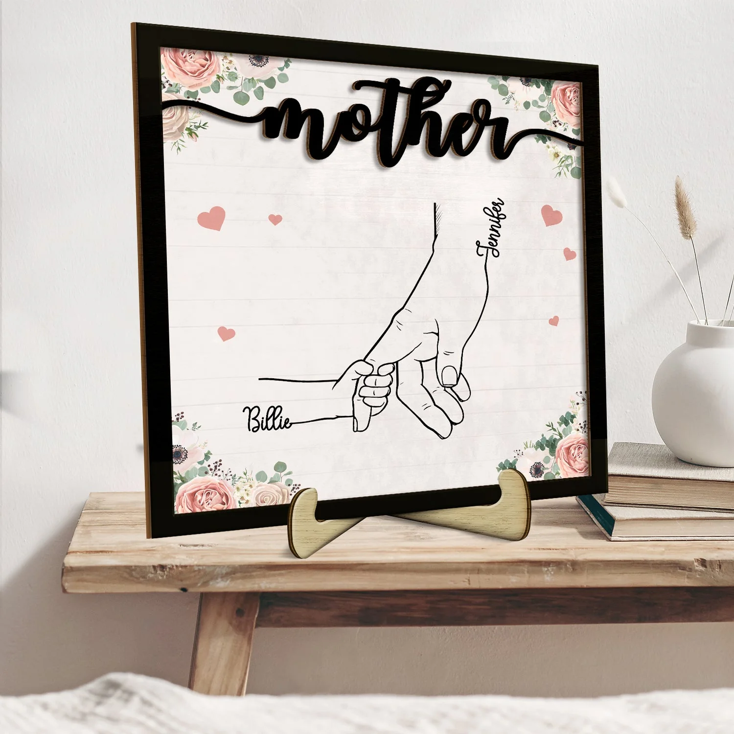 Hand In Hand - Gift For Mom, Mother, Grandma, Parents - Personalized 2-Layered Wooden Plaque With Stand - Image 2
