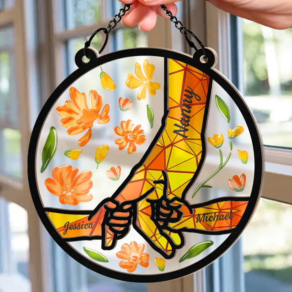Hand In Hand Grandma Grandpa Grandkids - Personalized Window Hanging Suncatcher Ornament - Image 2