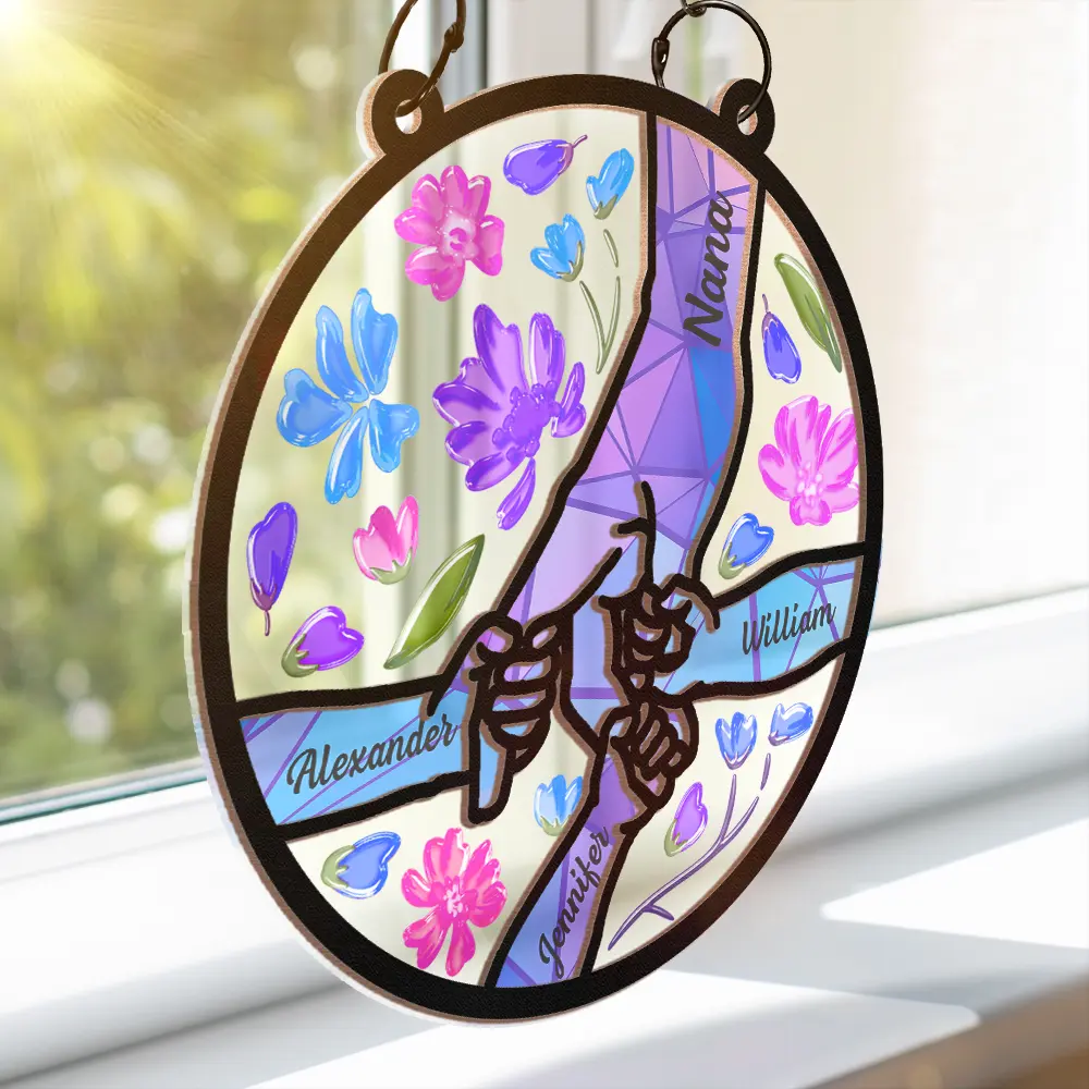 Hand In Hand Grandma Grandpa Grandkids - Personalized Window Hanging Suncatcher Ornament - Image 3