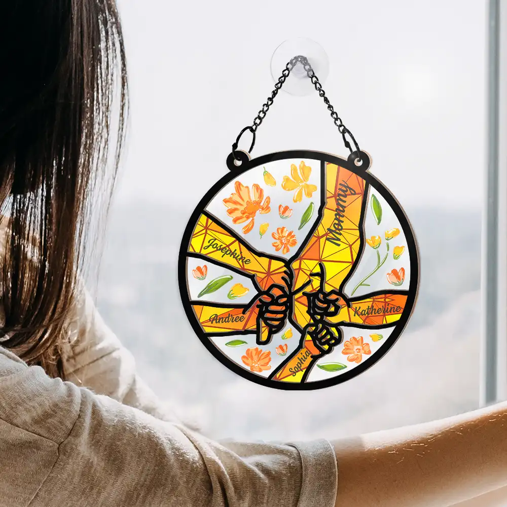 Hand In Hand Grandma Grandpa Grandkids - Personalized Window Hanging Suncatcher Ornament - Image 4