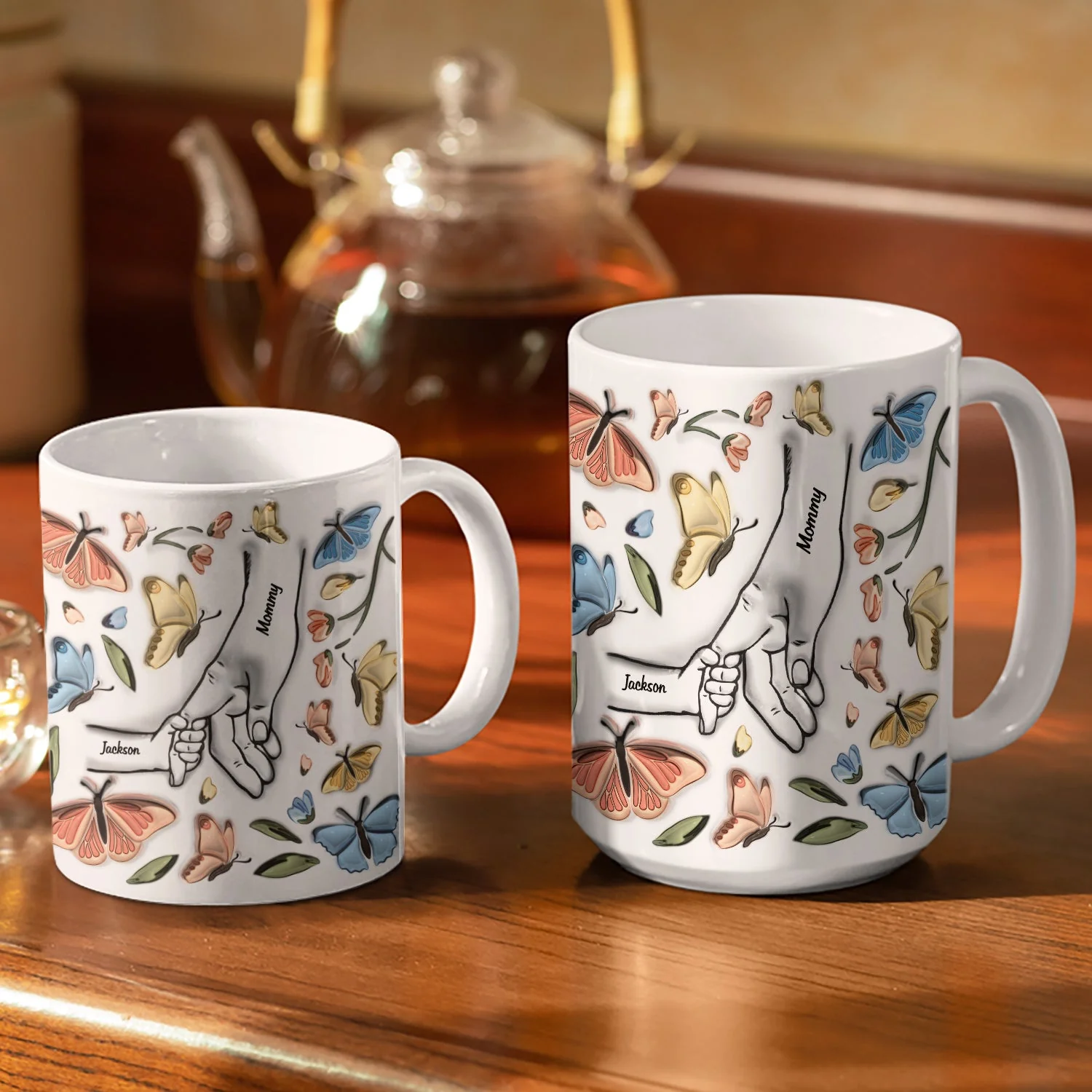 Hand In Hand, I Will Always Protect You Butterflies - Gift For Mom, Grandma - 3D Inflated Effect Printed Mug, Personalized White Edge-to-Edge Mug - Image 3