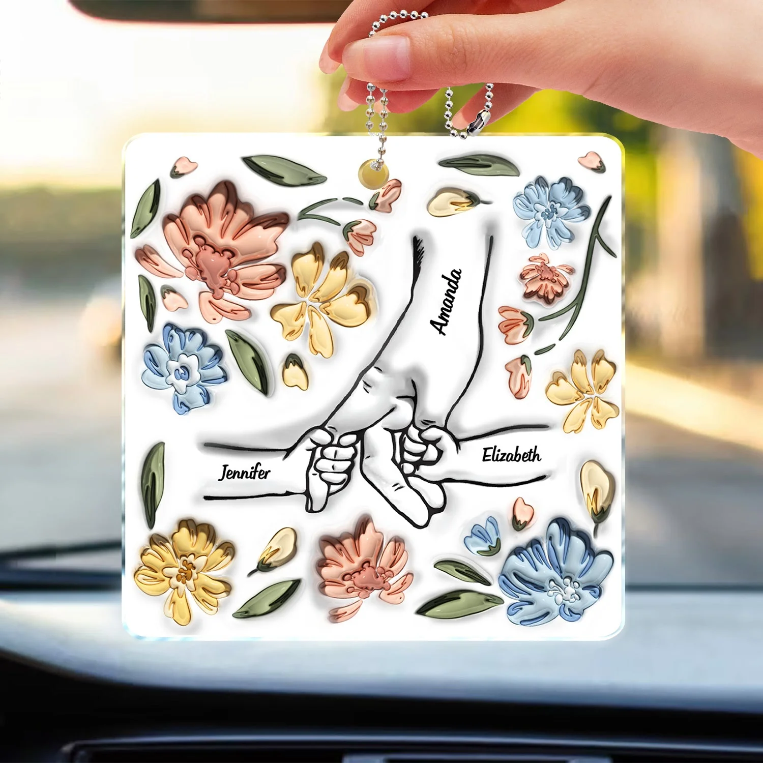 Hand In Hand, I Will Always Protect You - Gift For Mom, Grandma - Personalized 3D Inflated Effect Printed Acrylic Car Hanger - Image 3