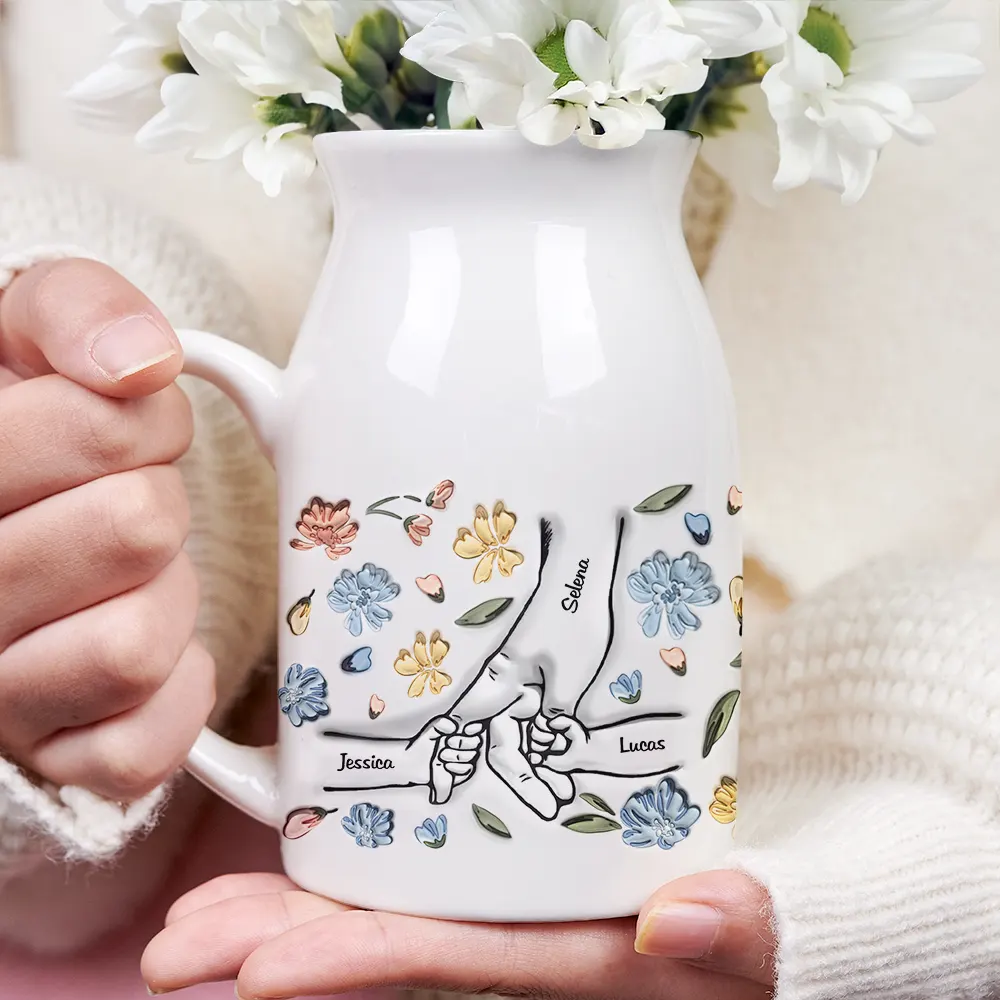 Hand In Hand I Will Always Protect You Mom Nana - 3D Inflated Effect Printed Vase, Personalized Ceramic Flower Vase - Image 3