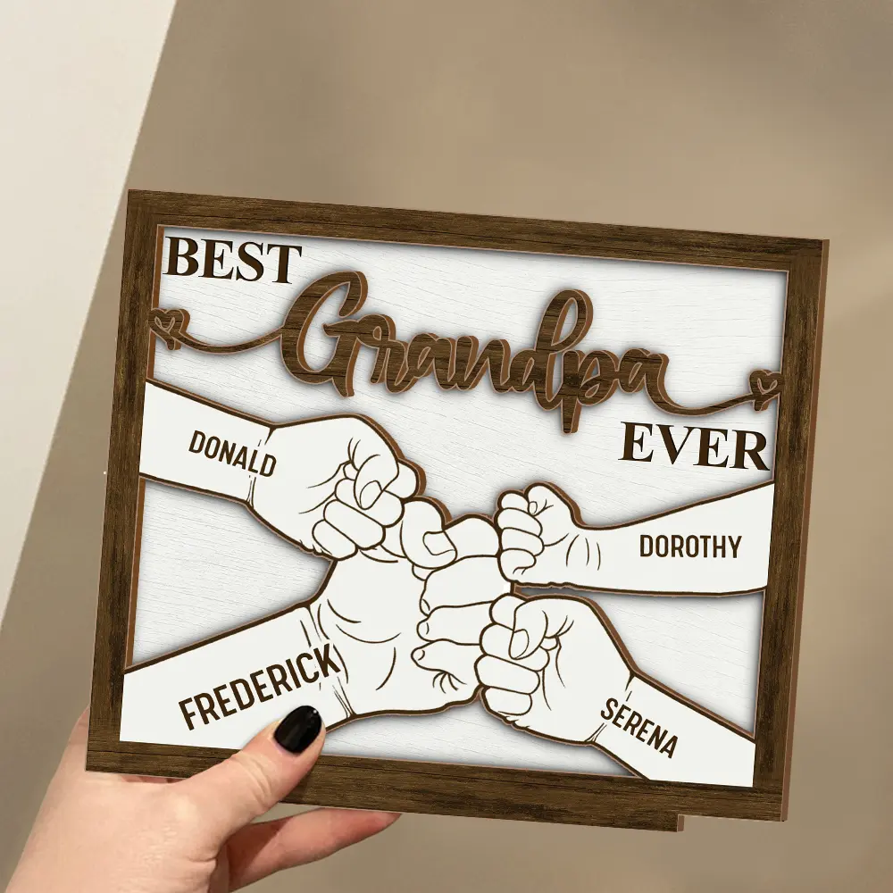 Hand Punch Best Dad Grandpa Ever - Personalized Custom Shaped 2-Layered Wooden Plaque - Image 3