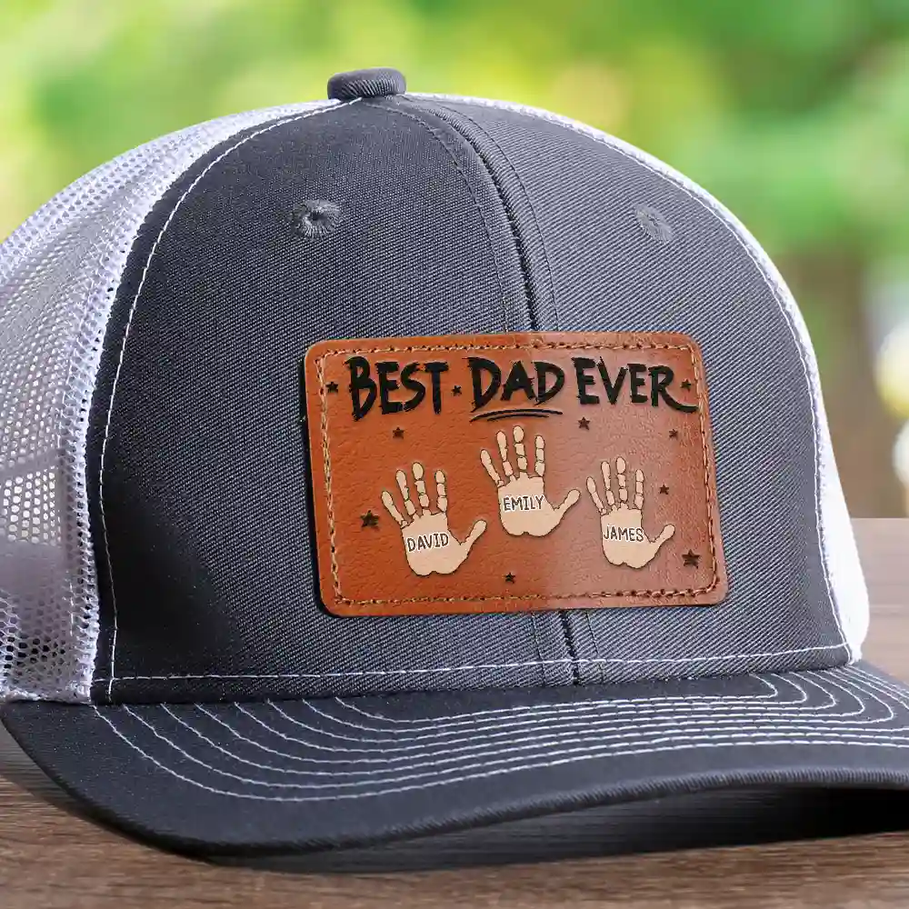 Handprints Best Dad Ever - Personalized Leather Patch Hat
