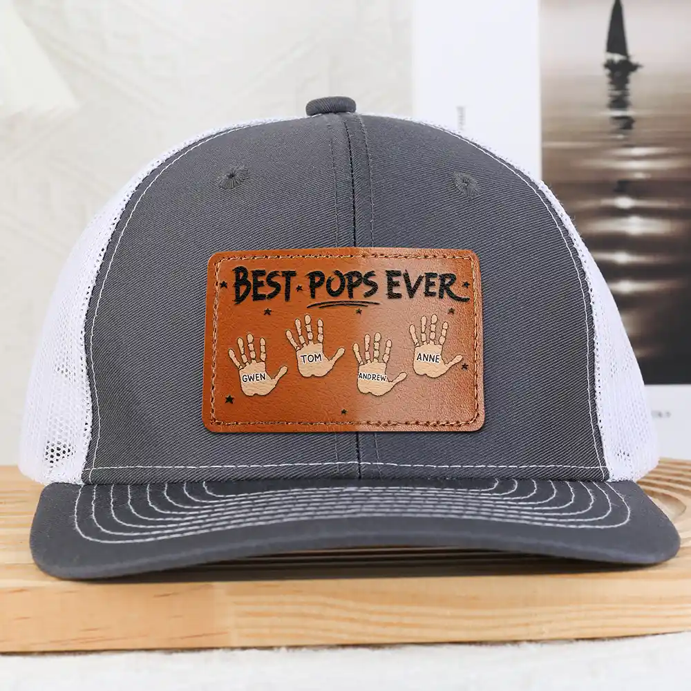 Handprints Best Dad Ever - Personalized Leather Patch Hat - Image 2