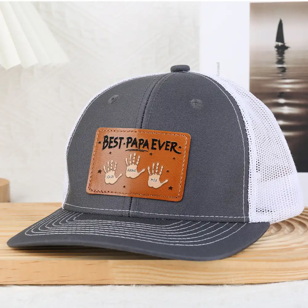 Handprints Best Dad Ever - Personalized Leather Patch Hat - Image 4