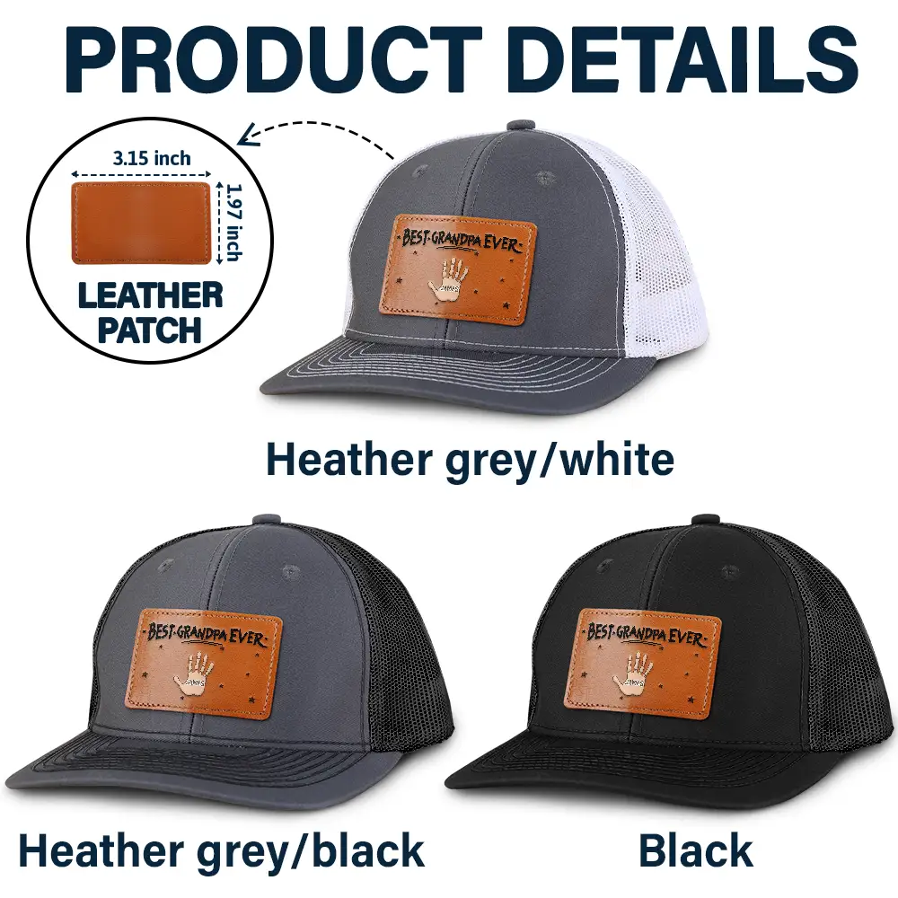Handprints Best Dad Ever - Personalized Leather Patch Hat - Image 5