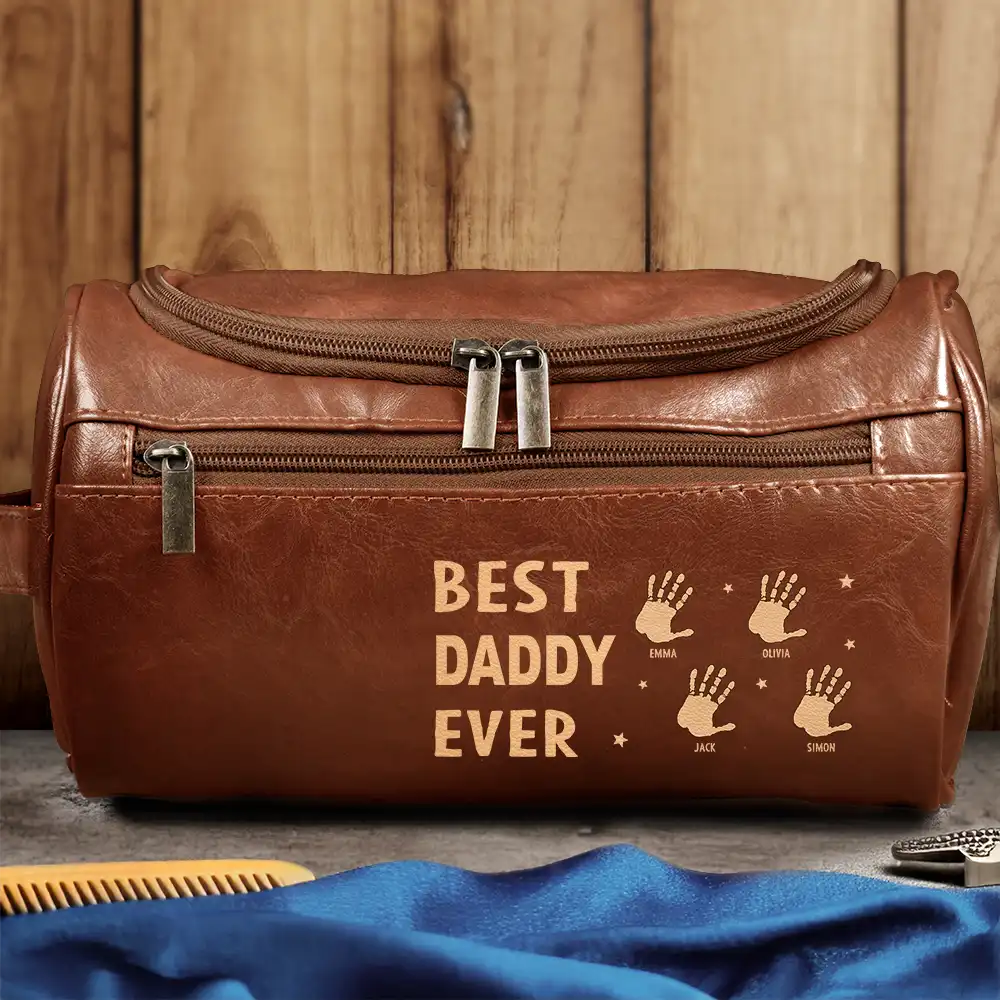 Handprints Best Dad Grandpa Papa Ever - Personalized Leather Toiletry Bag - Image 3