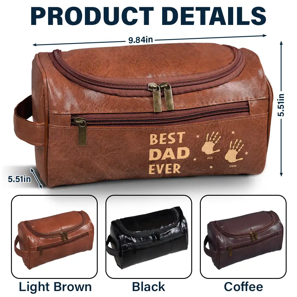 Handprints Best Dad Grandpa Papa Ever - Personalized Leather Toiletry Bag - Image 5
