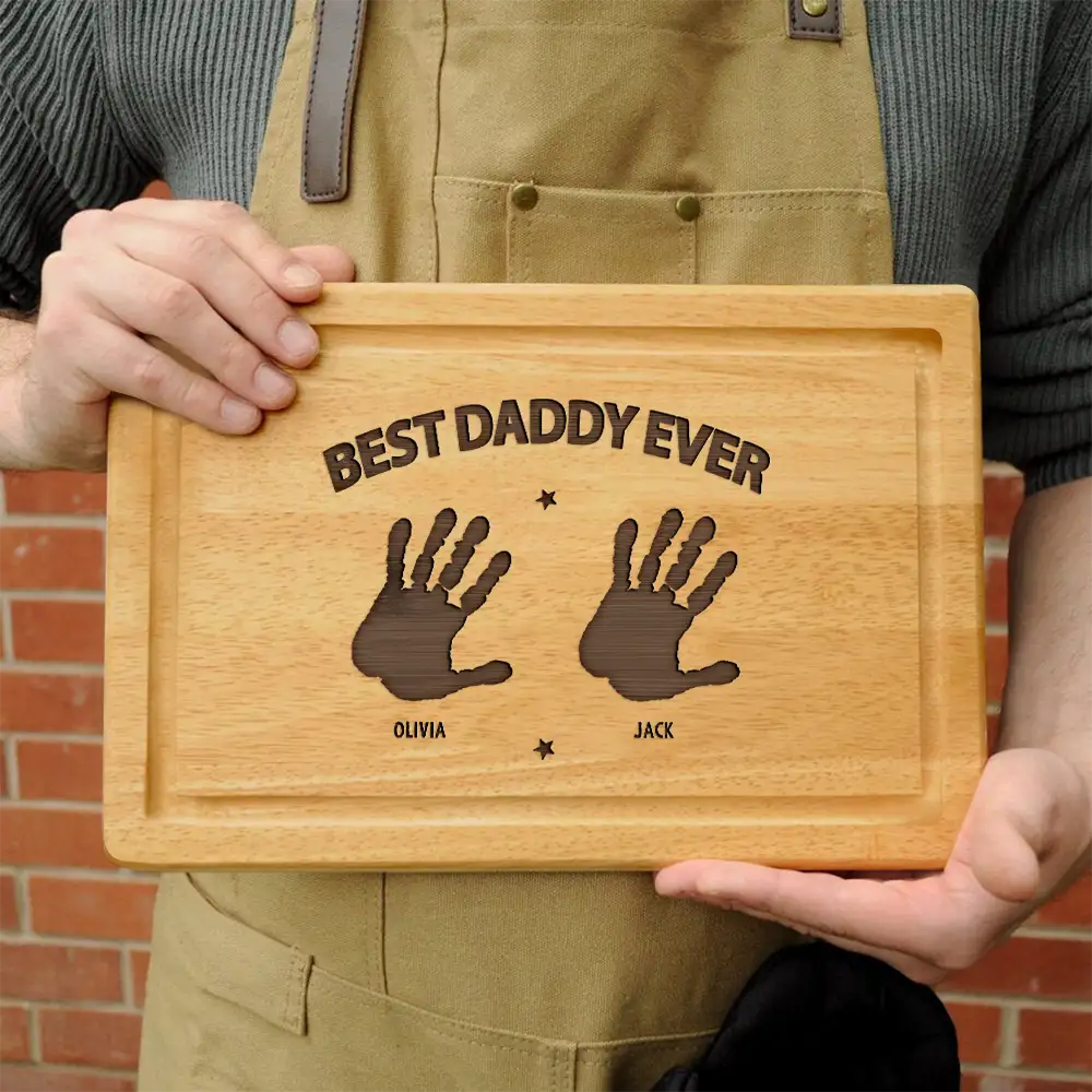 Handprints Best Dad Grandpa Papa Ever - Personalized Wooden Cutting Board - Image 4