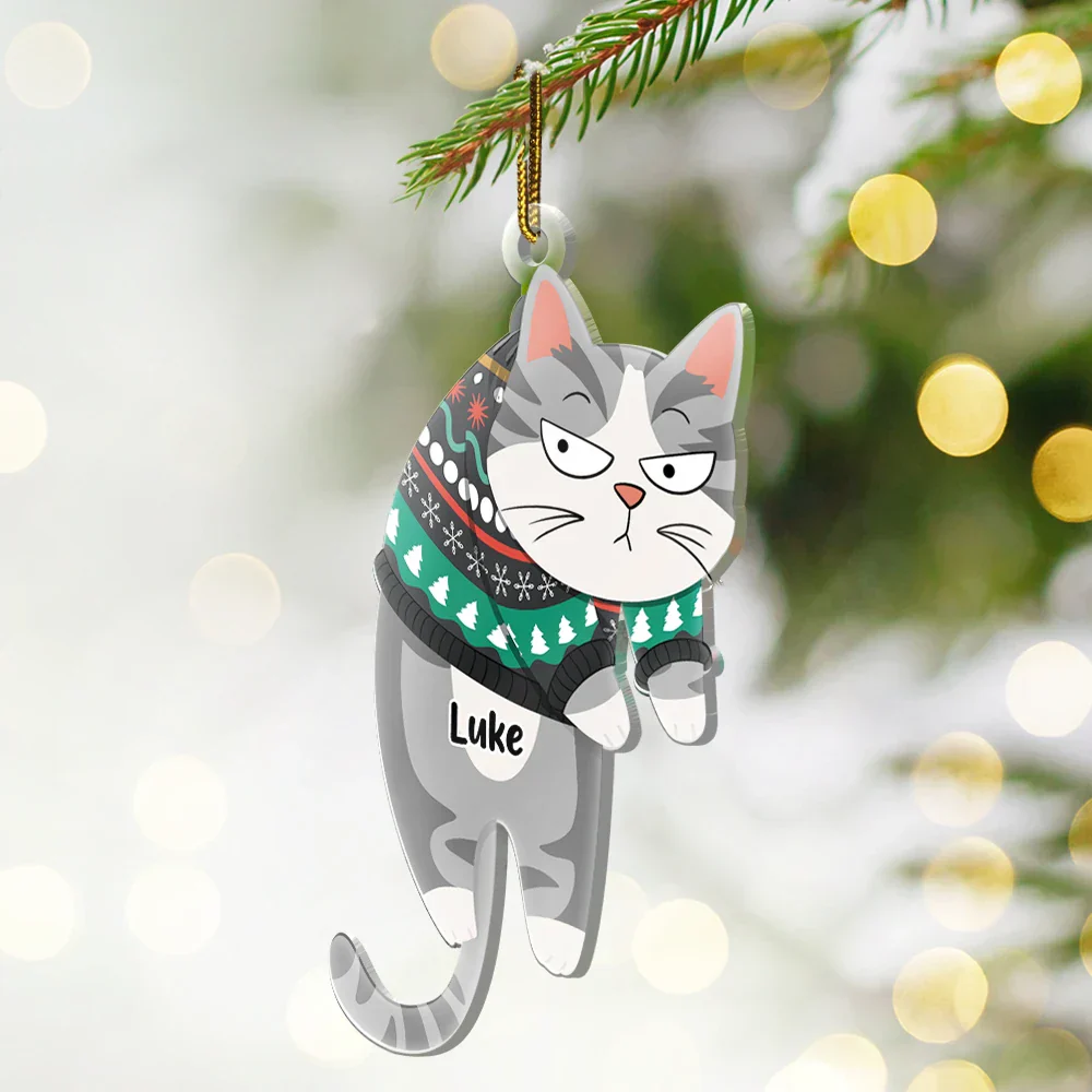 Hanging Cat Have Yourself A Meowy Christmas - Personalized Cutout Acrylic Ornament - Image 2