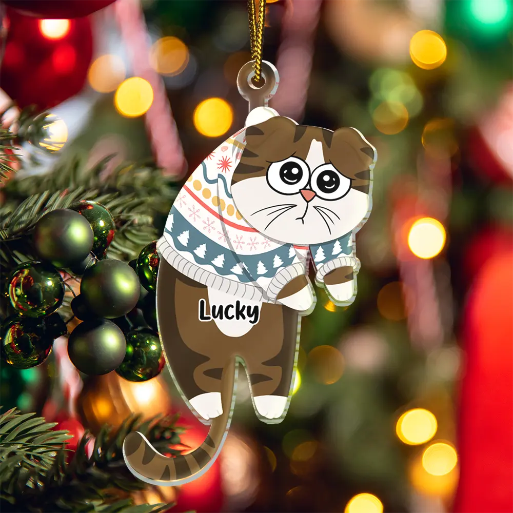 Hanging Cat Have Yourself A Meowy Christmas - Personalized Cutout Acrylic Ornament - Image 5