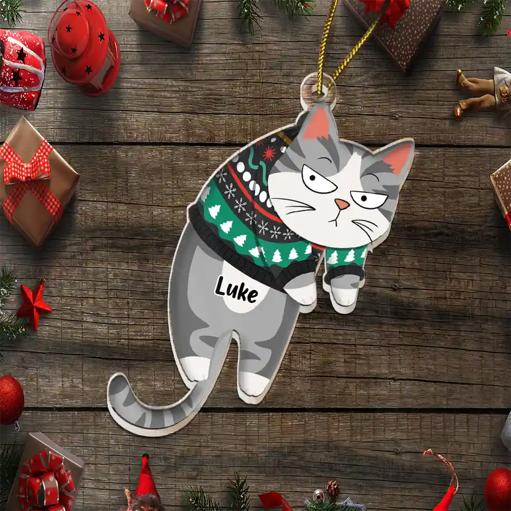 Hanging Cat Have Yourself A Meowy Christmas - Personalized Cutout Acrylic Ornament - Image 6
