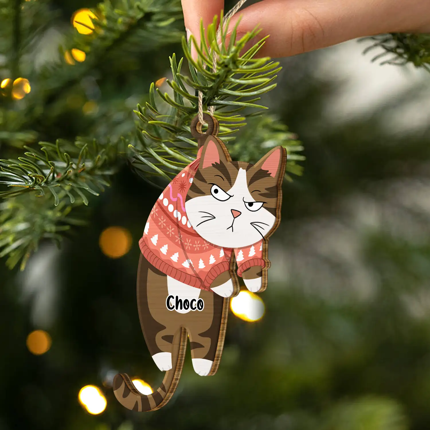 Hanging Cat Have Yourself A Meowy Christmas - Personalized Wooden Cutout Ornament - Image 2
