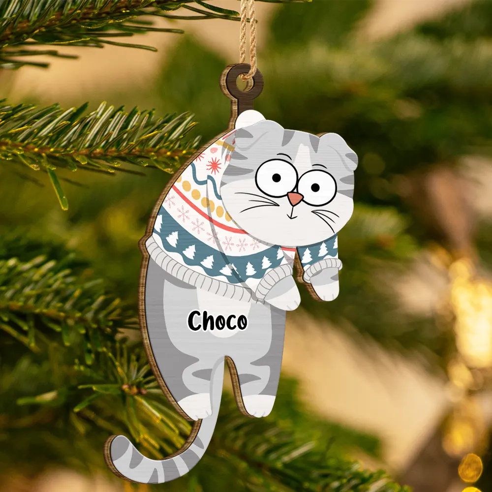 Hanging Cat Have Yourself A Meowy Christmas - Personalized Wooden Cutout Ornament - Image 3