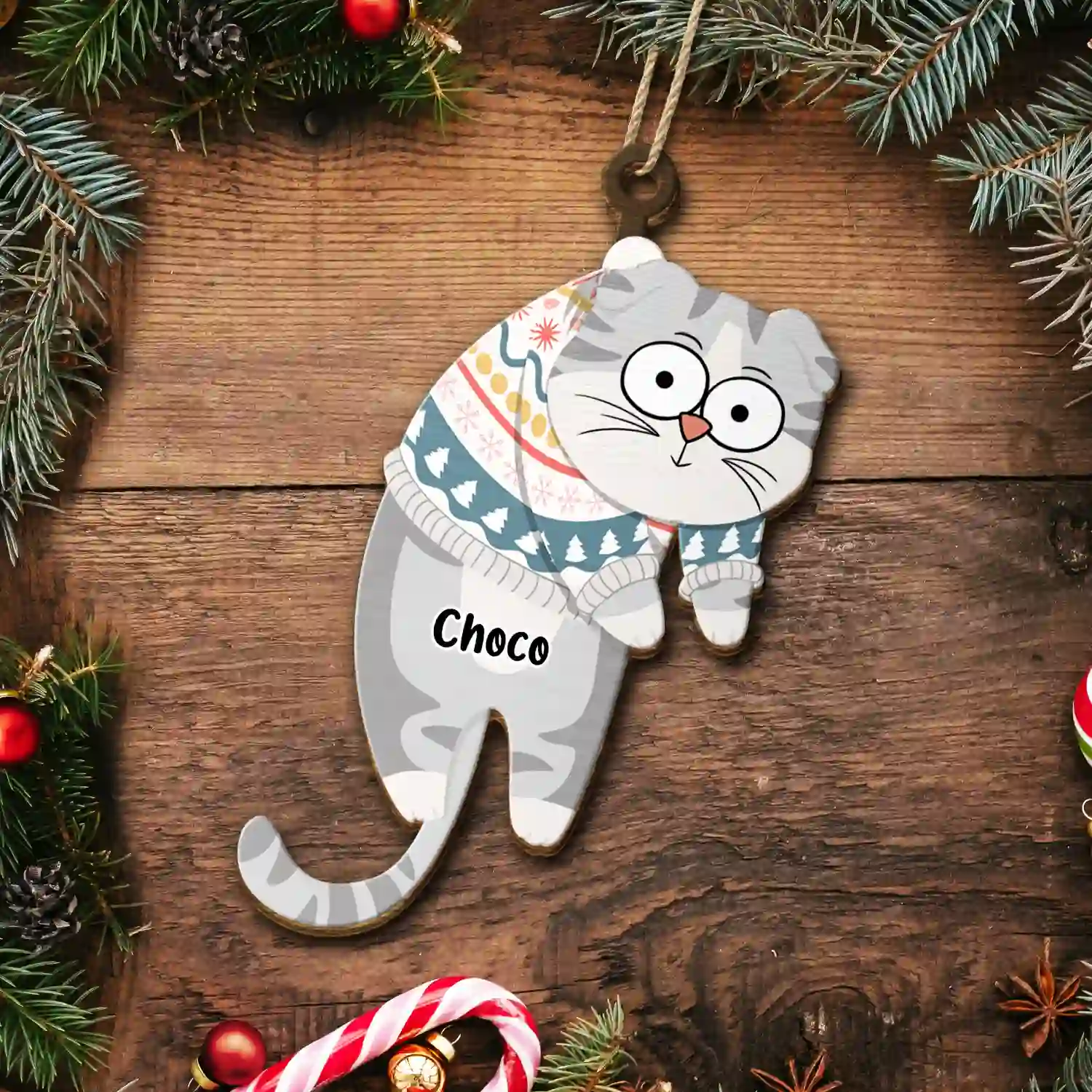 Hanging Cat Have Yourself A Meowy Christmas - Personalized Wooden Cutout Ornament - Image 5
