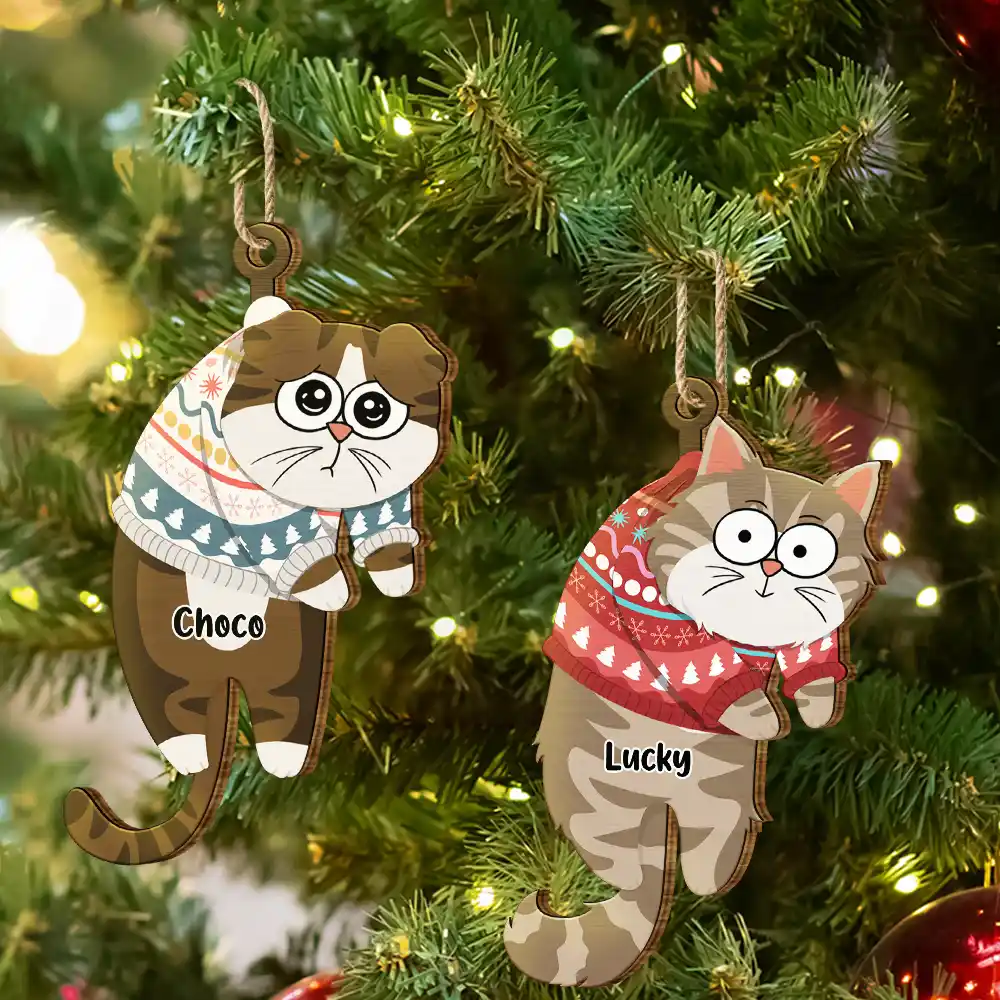 Hanging Cat Have Yourself A Meowy Christmas - Personalized Wooden Cutout Ornament - Image 6