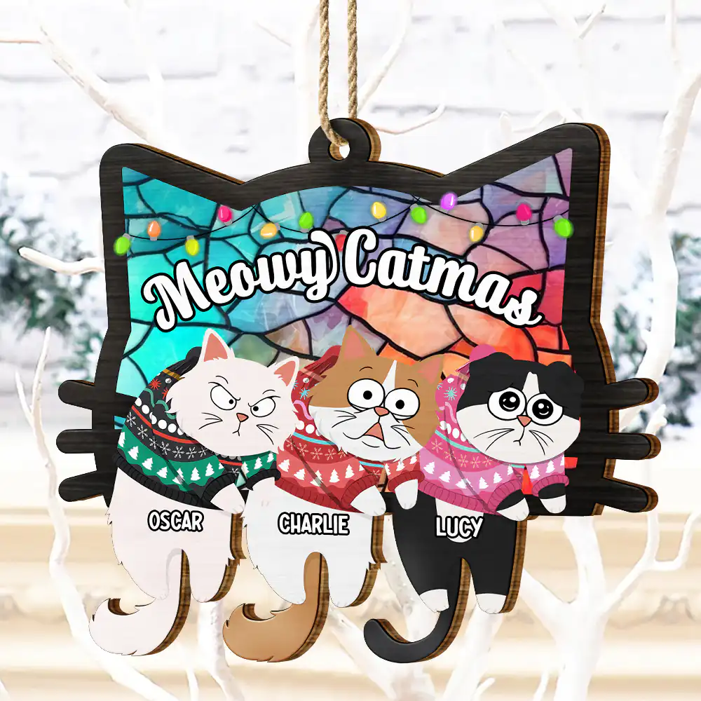 Hanging Cats Meowy Catmas - Personalized Wooden Cutout Ornament - Image 4