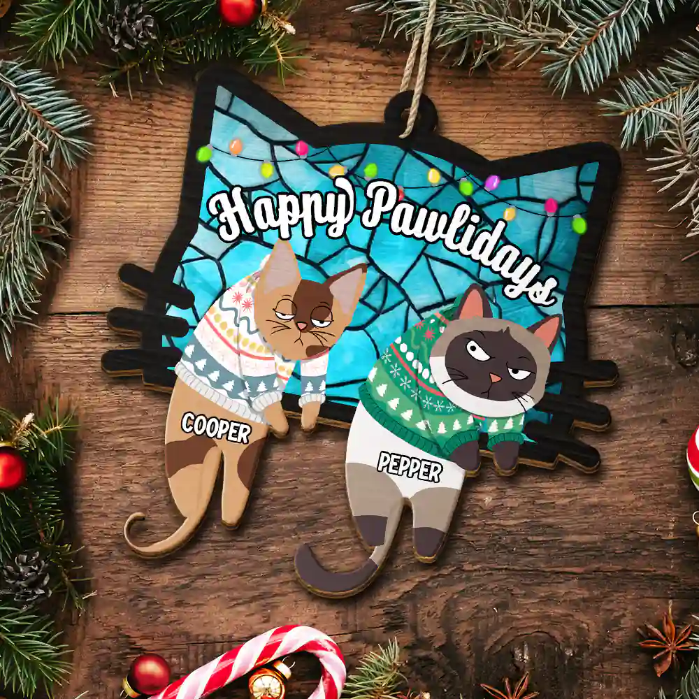 Hanging Cats Meowy Catmas - Personalized Wooden Cutout Ornament - Image 5