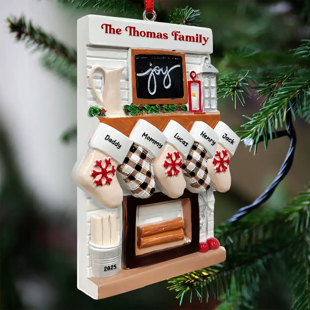 Hanging Socks Cozy Fireplace Family Friend - Personalized Embossed Ceramic Ornament - Image 2