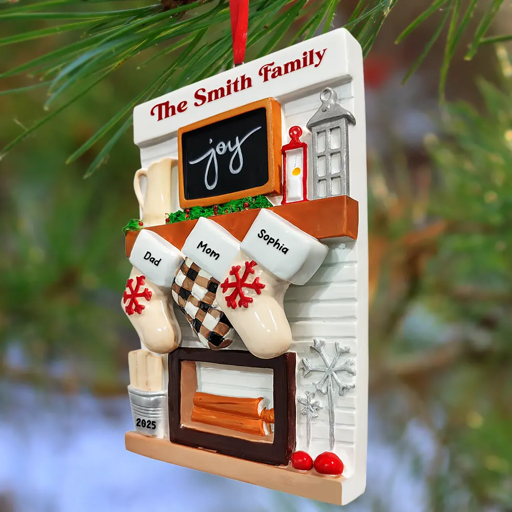 Hanging Socks Cozy Fireplace Family Friend - Personalized Embossed Ceramic Ornament - Image 3
