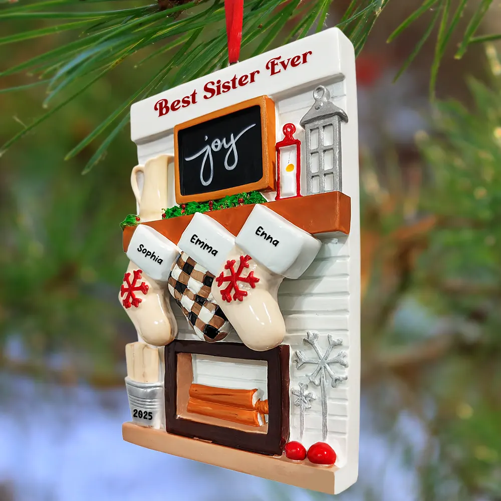 Hanging Socks Cozy Fireplace Family Friend Team - Personalized Embossed Ceramic Ornament - Image 3