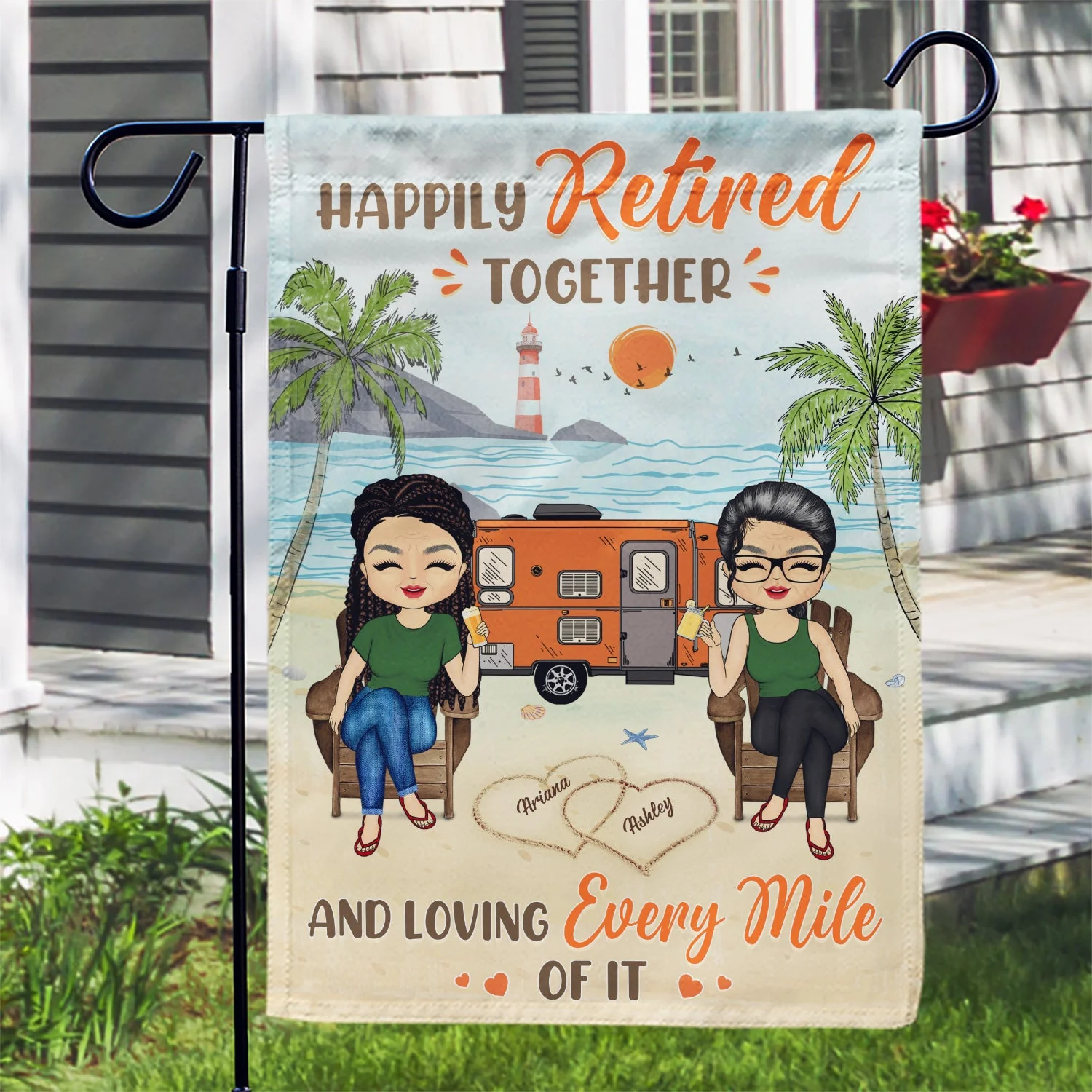 Happily Retired Together And Loving Every Miles Camping Travel - Gift For Couples - Personalized Custom Flag - Image 3