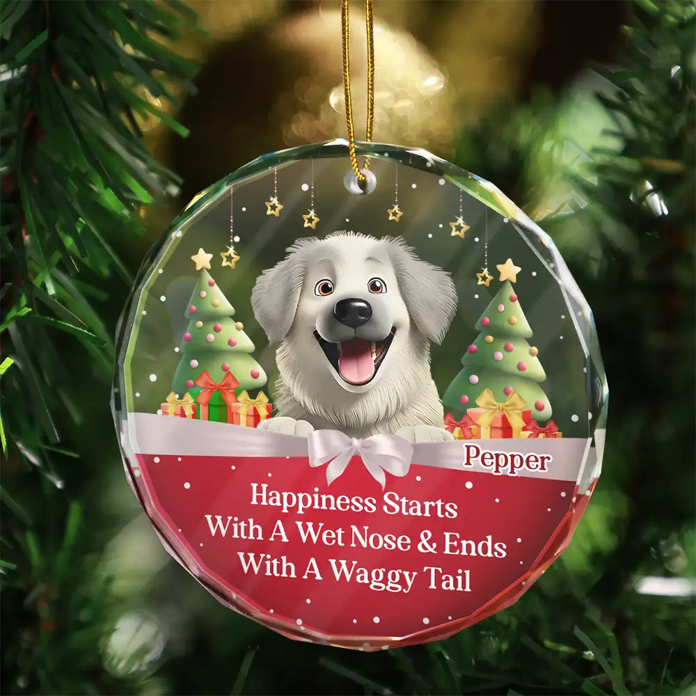 Happiness Starts With A Wet Nose & Ends With A Waggy Tail - Personalized Circle Glass Ornament - Image 3