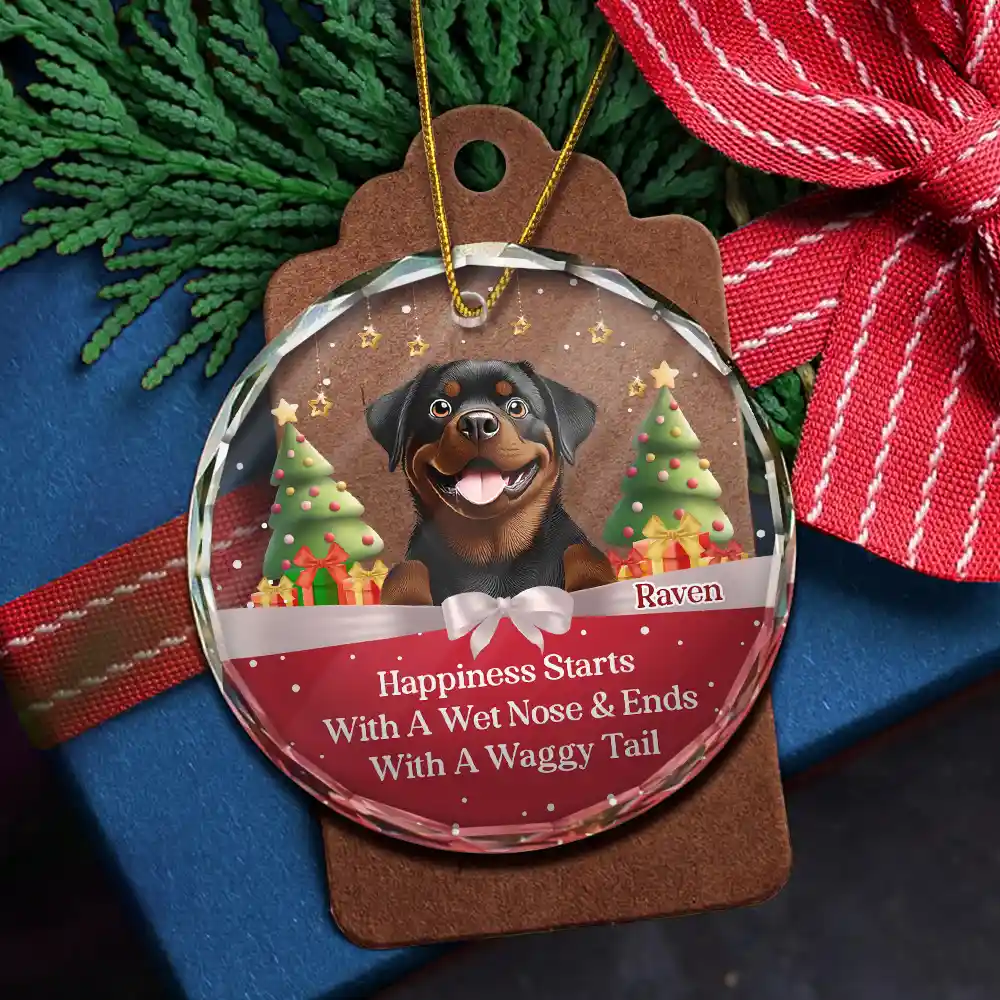 Happiness Starts With A Wet Nose & Ends With A Waggy Tail - Personalized Circle Glass Ornament - Image 5