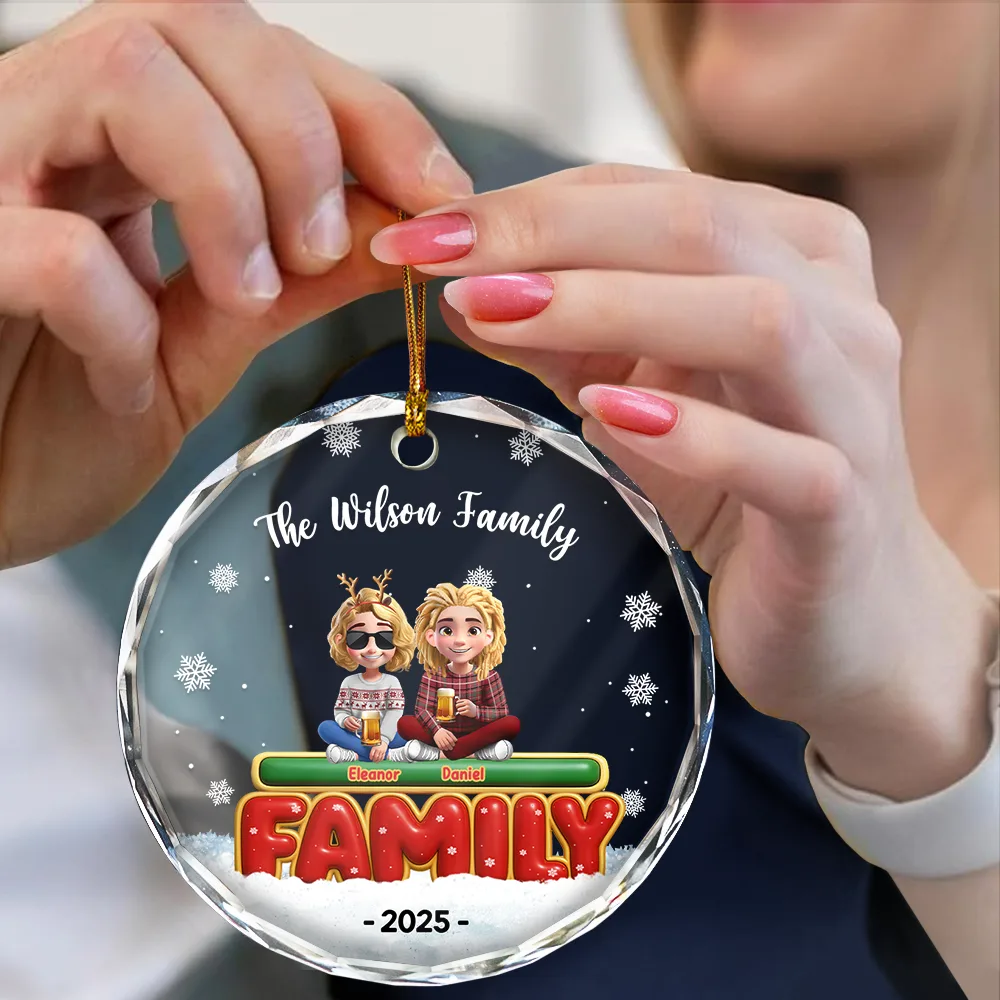 Happy All Family 3D Effect - Personalized Circle Glass Ornament - Image 4