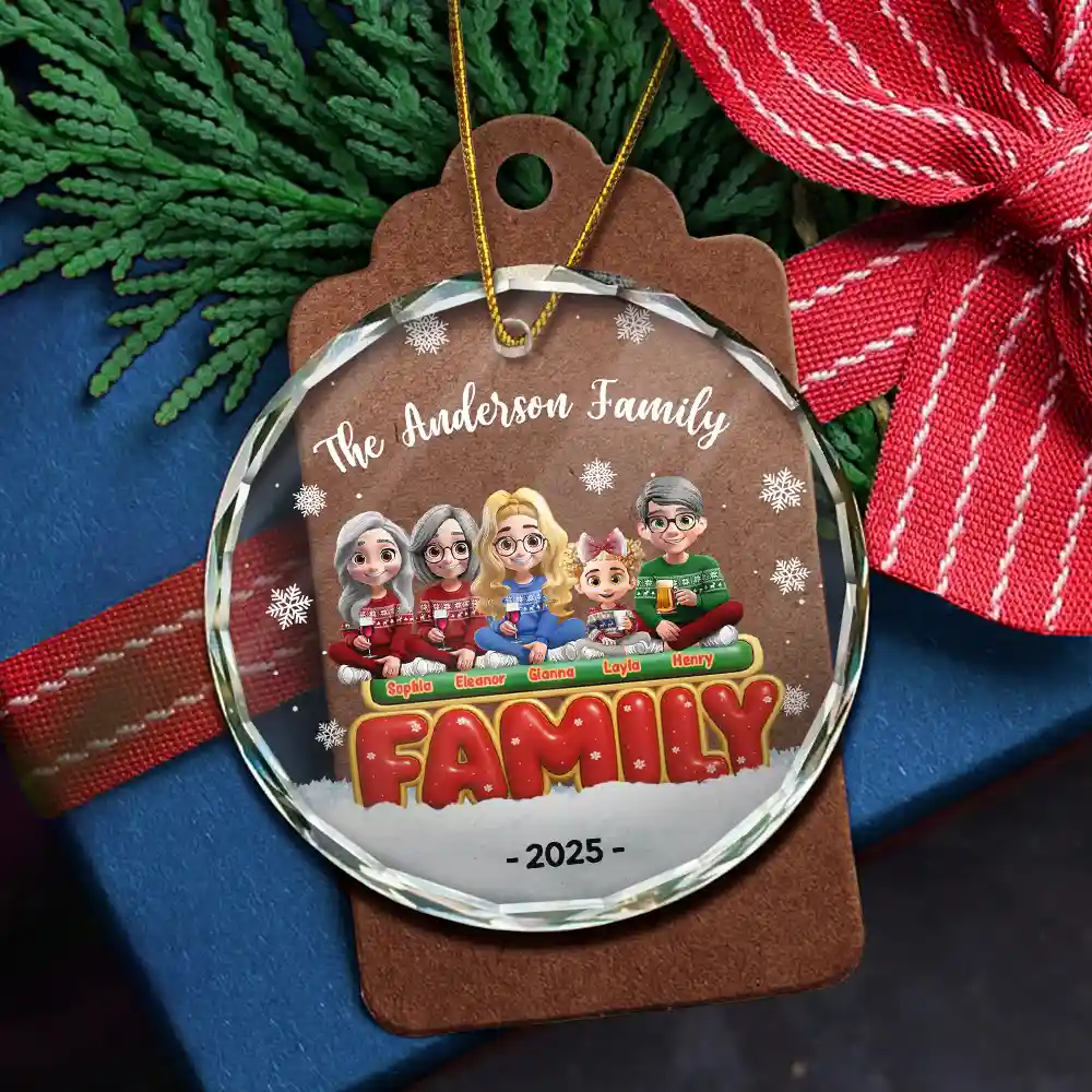 Happy All Family 3D Effect - Personalized Circle Glass Ornament - Image 5