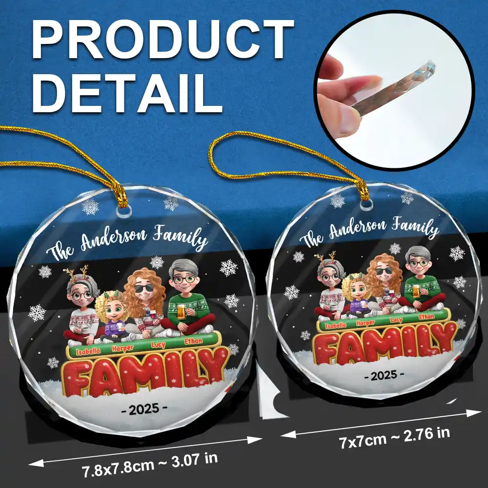 Happy All Family 3D Effect - Personalized Circle Glass Ornament - Image 6