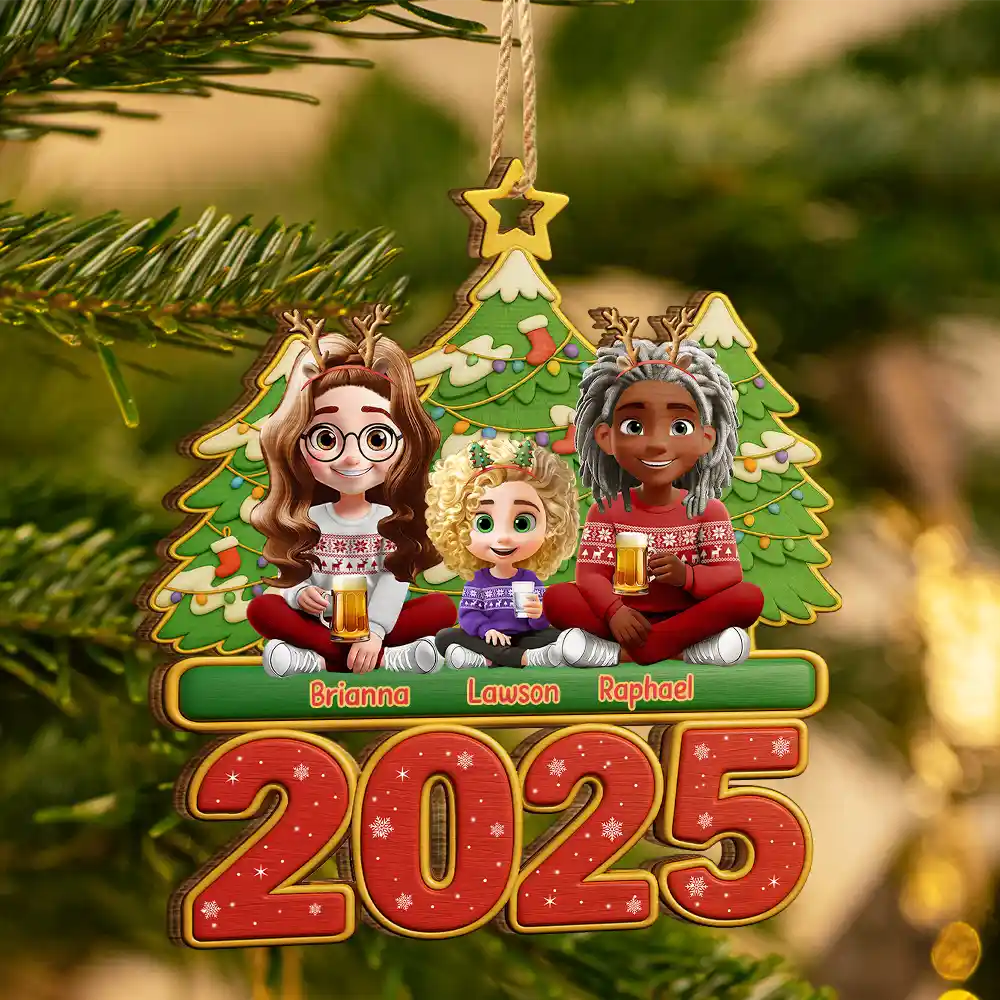 Happy All Family 3D Effect - Personalized Custom Shaped Wooden Ornament - Image 4
