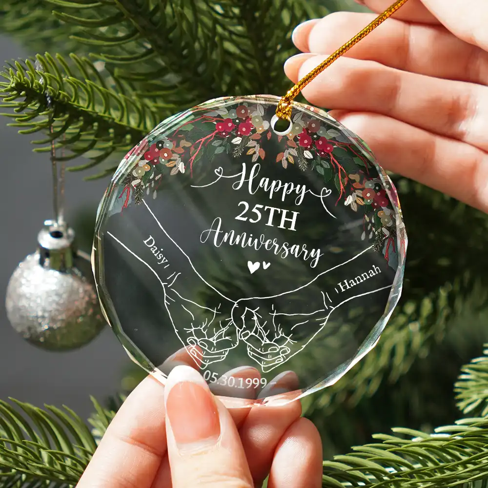 Happy Anniversary Celebrating Married - Personalized Circle Glass Ornament - Image 2