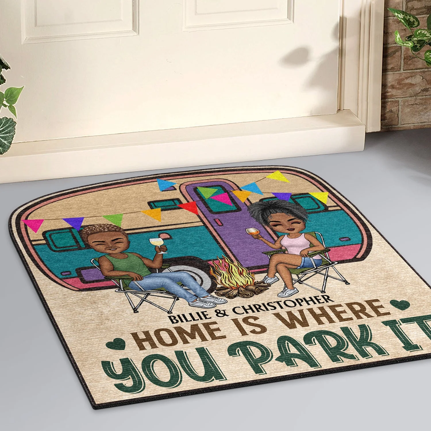 Happy Camper - Gift For Camping Couples - Personalized Custom Shaped Doormat - Image 2