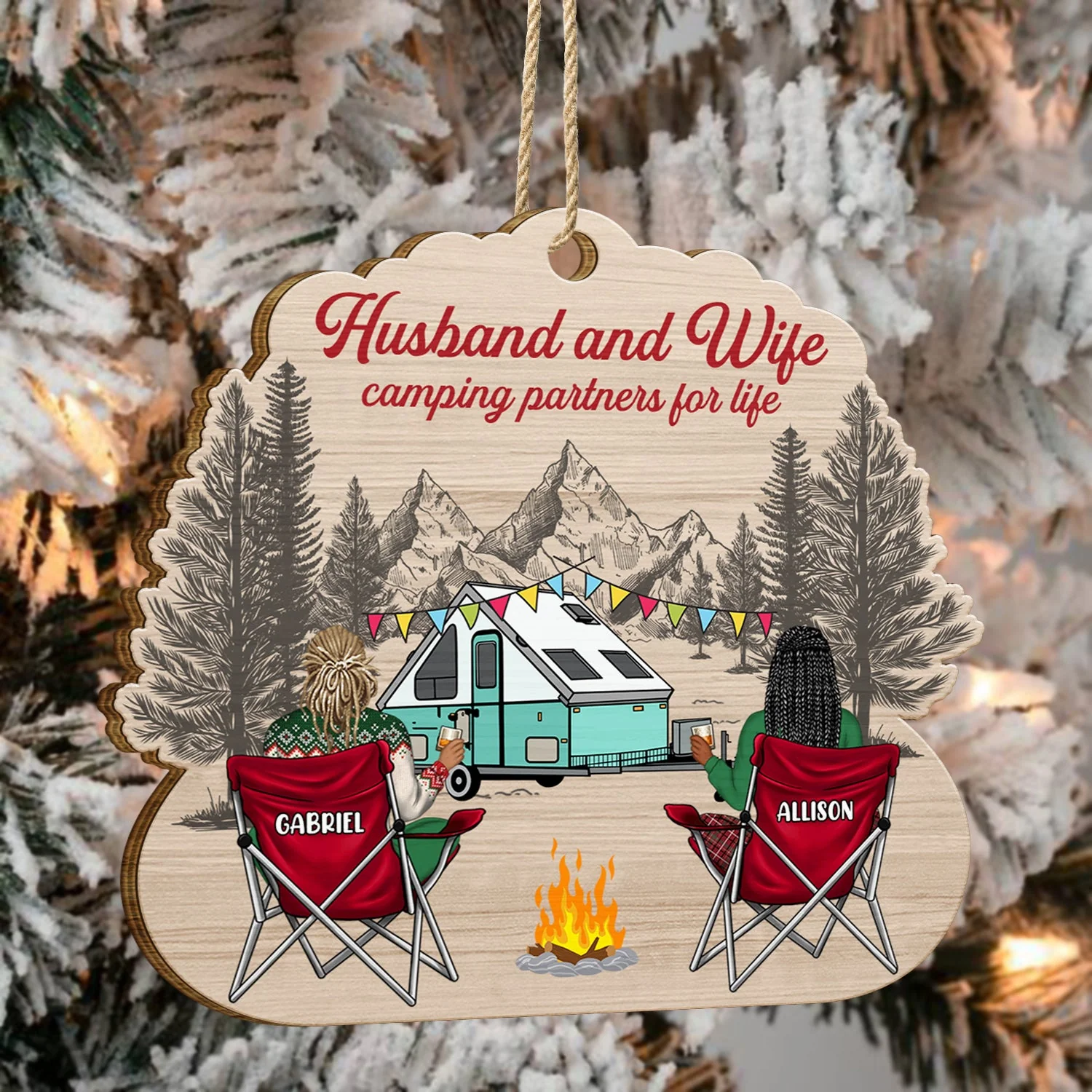 Happy Campers - Christmas Gift For Camping Lovers - Personalized Custom Shaped Wooden Ornament - Image 4