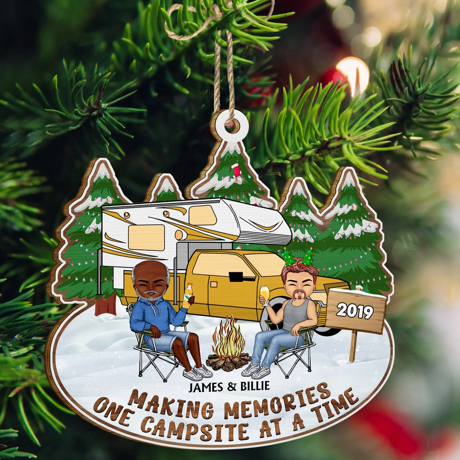 Happy Campers - Christmas Gifts For Couples, Camping Lovers - Personalized Wooden Cutout Ornament - Image 3