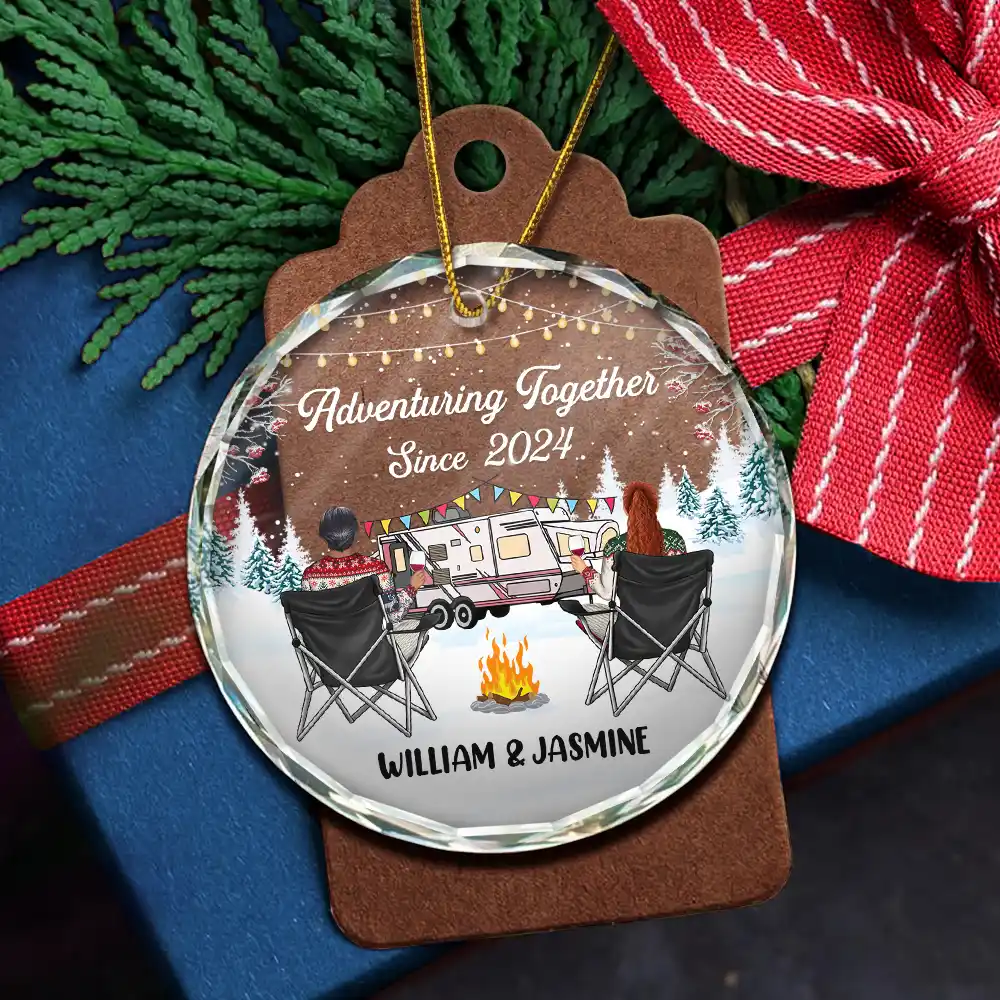 Happy Campers Christmas - Personalized Circle Glass Ornament - Image 5