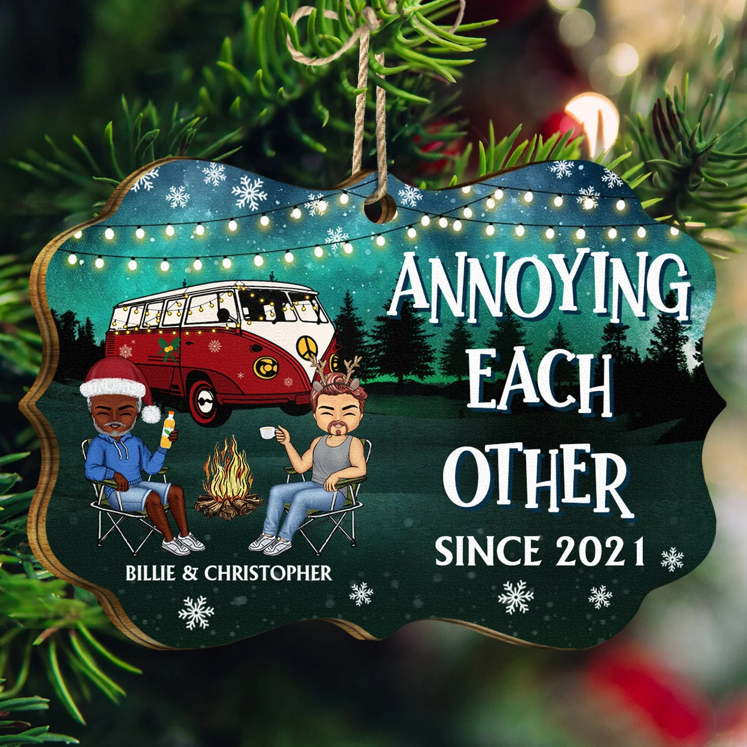 Happy Campers Since - Christmas Gift For Couples, Camping Lovers - Personalized Medallion Wooden Ornament - Image 3