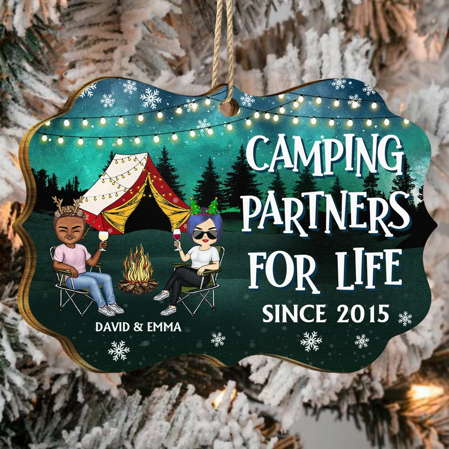 Happy Campers Since - Christmas Gift For Couples, Camping Lovers - Personalized Medallion Wooden Ornament - Image 4