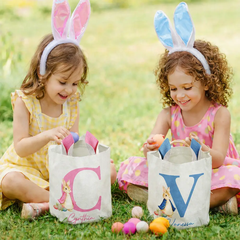 Happy Easter Cute Rabbit Initial - Personalized Bunny Ears Bucket Bag - Image 6